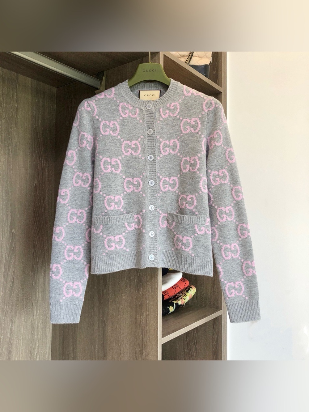 Gucci GG Monogram Knit Cardigan Grey Pink Wool Blend Sweater